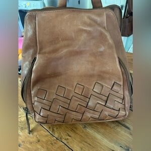 Brown boho leather Backpack with Woven Detail